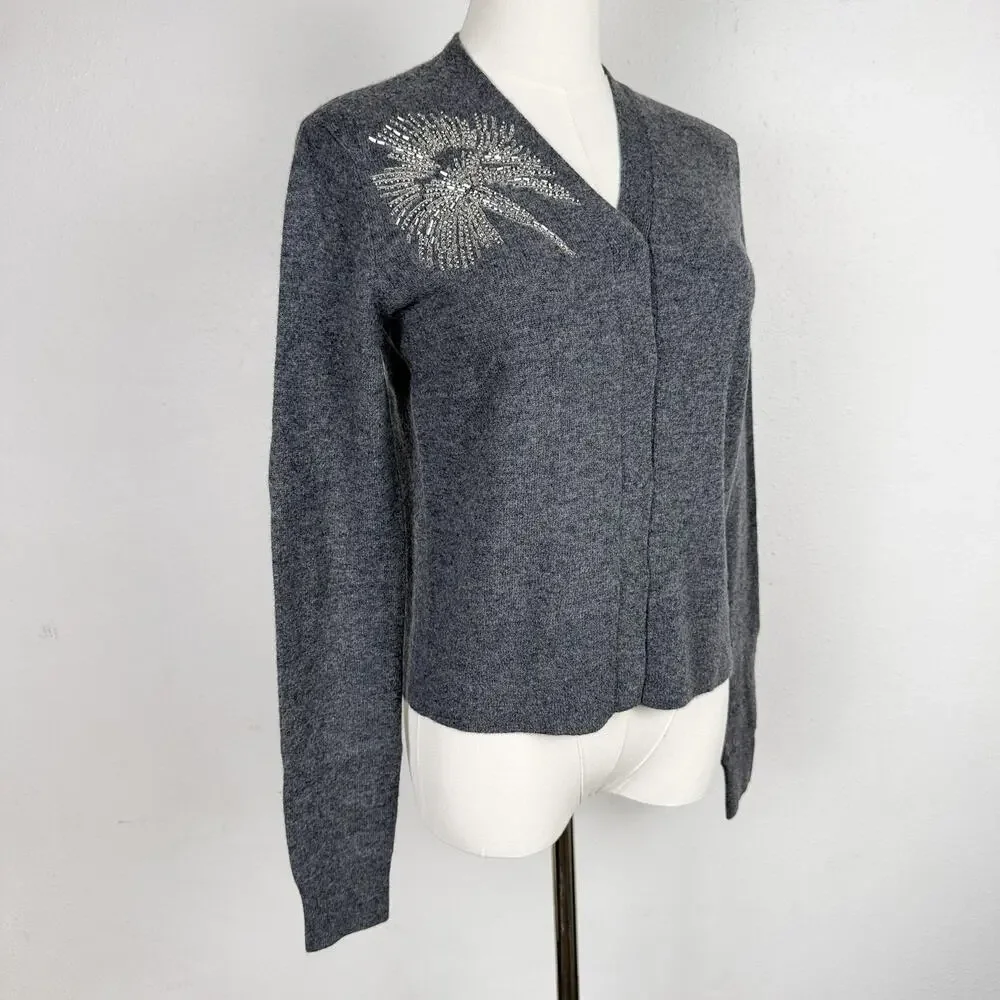 Tory Burch Merino Wool Cardigan Beaded Palm Tree Gray Sweater - XS